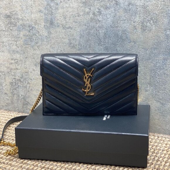 YSL Quilted Leather Chain Wallet in Black with Gold Logo
